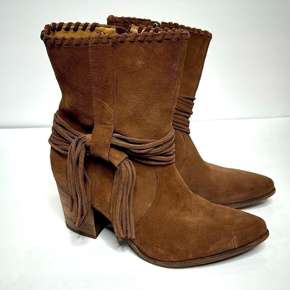 Chocolat Blu Brown Western Fringe Suede Pointed Toe Heeled  Cowboy zip Boots - Picture 1 of 15
